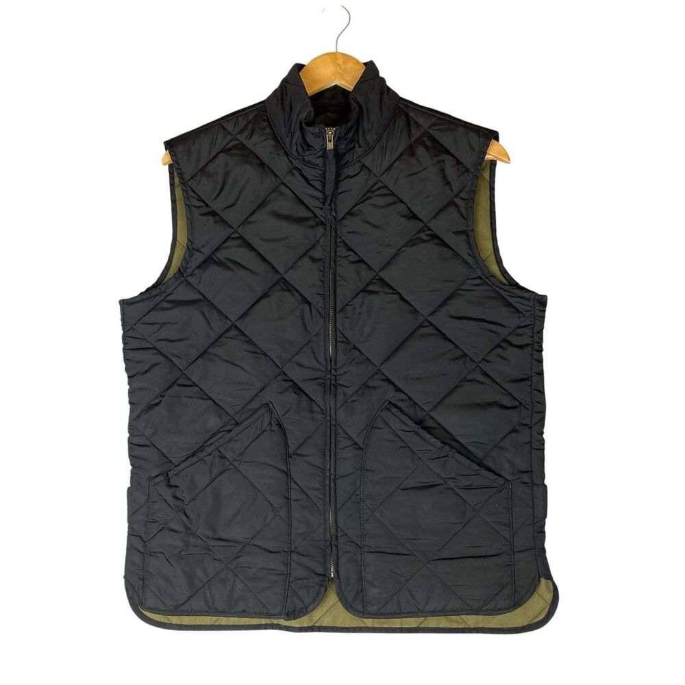J.Crew Walker Vest Mens S Black Diamond Quilted Olive Lined Full Zip Pockets